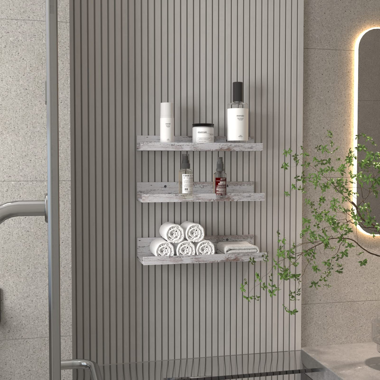 Lavezee 16 Inch Floating Shelves for Wall Set of 3, Rustic Picture Ledge Wall Mounted Shelf for Living Room, Bedroom, Kitchen, Bathroom, Distressed White Lavezee