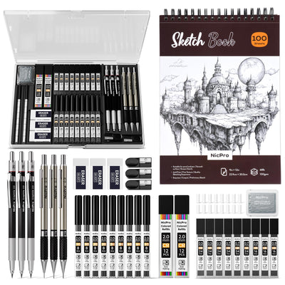 Nicpro Art Drawing Supplies Kit, Art Mechanical Pencil Set with 6 Metal Drafting Pencil 0.5 & 0.7 & 0.9 & 2mm, 100 Sheets 9 x 12'' Sketch Book, 20 Tube Lead Refills for Sketching