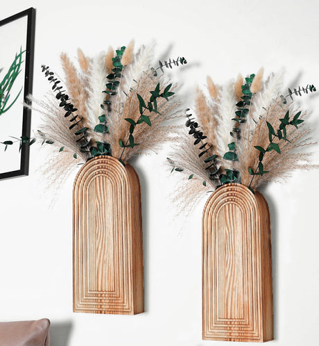 Set of 2 Wooden Vases with Pampas Grass and Eucalyptus – Boho Decor for Living Room, Modern Farmhouse Entryway or Bathroom, Rustic Art for Home Decoration QQBABO