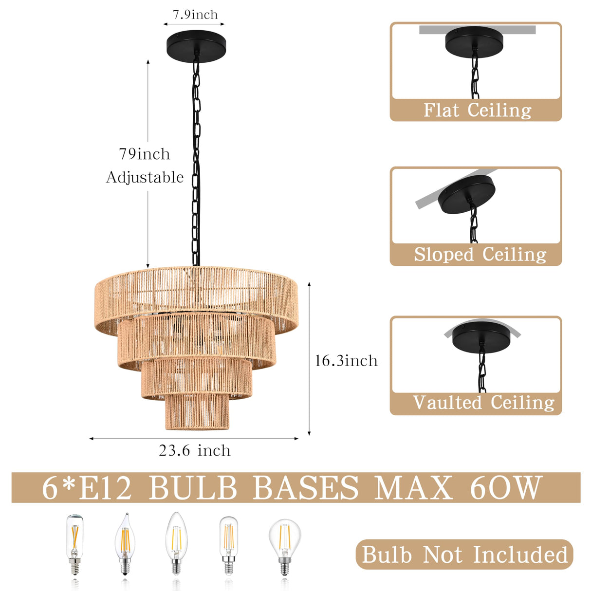 AyshwillDec 6-Light 24" Woven Boho Chandelier for Bedroom Rattan Light Fixture Wicker Pendant Light Large Rattan Pendant Light with 4-Tier Woven Shade Drum Light Fixture for Living Room Entryway AyshwillDec