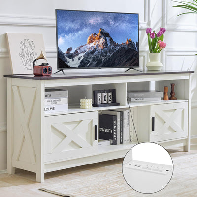 Rustic White Farmhouse TV Stand, Entertainment Center with Power Outlets for TVs up to 65 Inch, Mid Century Modern TV Cabinet, Media Console Table for Living Room, Farmhouse TV Console (Black)