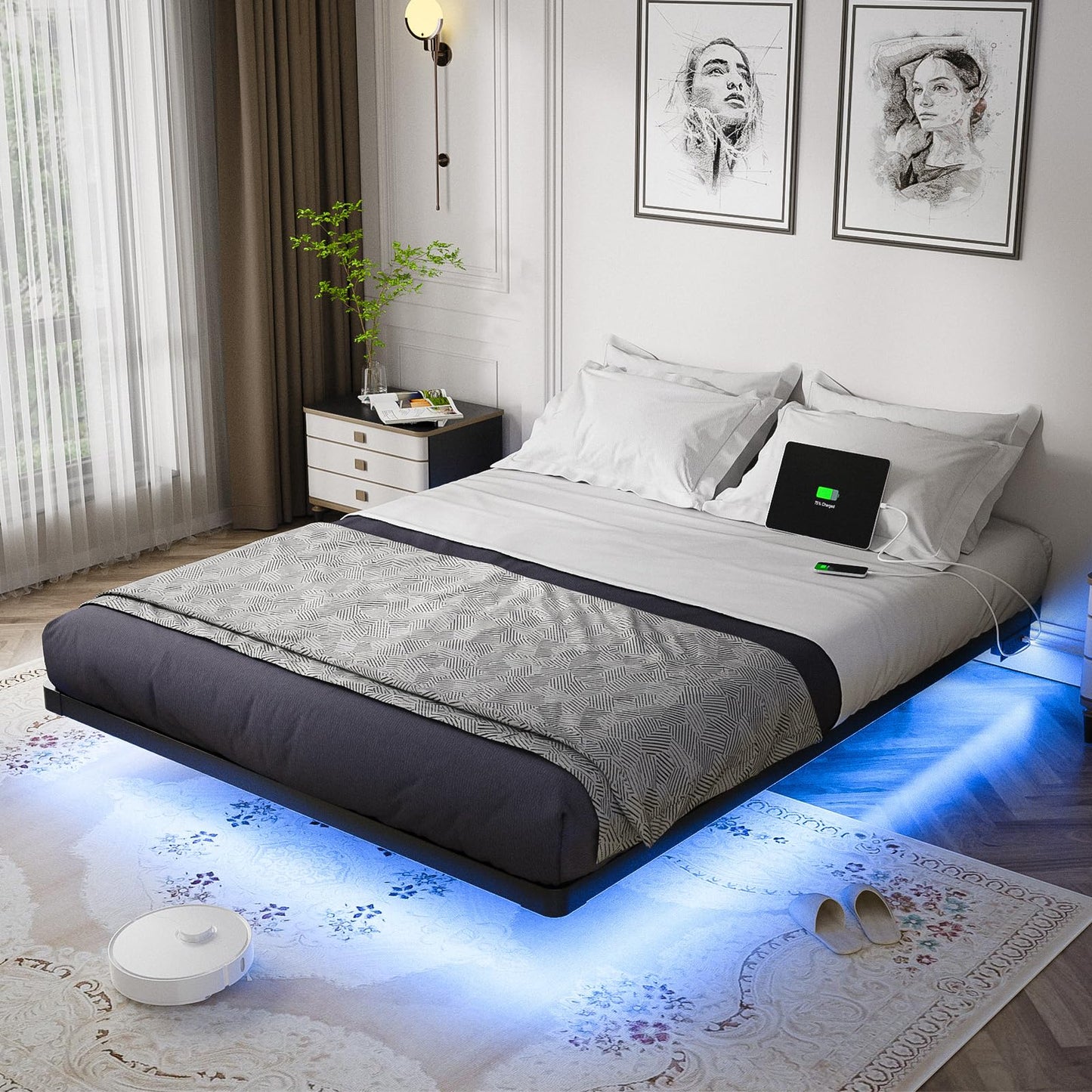 OLEVS Queen Size Floating Bed Frame with Smart LED Lights and Charging Station - Modern Metal Design, Easy Assembly, No Box Spring Required - WoodArtSupply