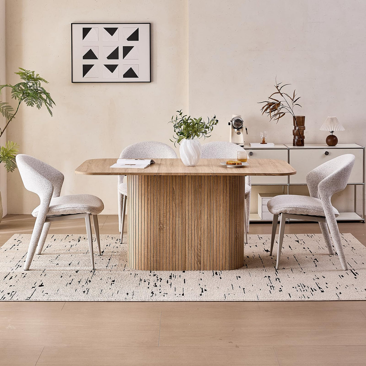 Lecafur HL 63" Large Dining Table for 4 6 Person, [Rounded Corners] [Wood Strip Pedestal Base] Farmhouse Modern Rectangle Kitchen Dinner Table Lecafur HL