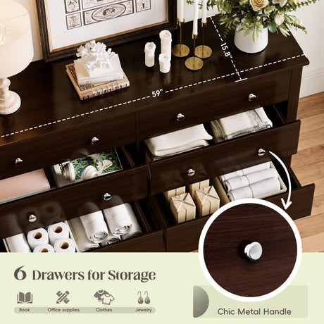 JUMMICO Dresser for Bedroom, 6 Wood Dresser Drawers, Wide Chest of Drawers, Storage Tower Unit, Modern Design for Bedroom, Living Room, Hallway, Entryway (Dark Brown) JUMMICO