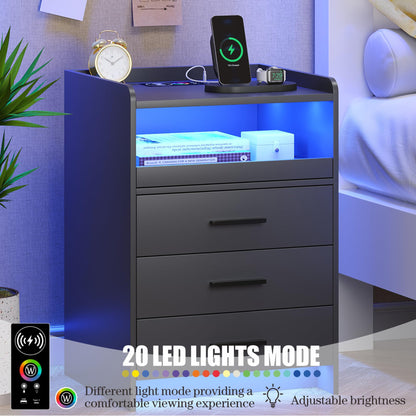 FREDEES Nightstand with Wireless Charging Station Bedside Table with RGB Light & Human Sensor Design 3 Drawers LED Modern Night Stand End Table for Bedroom Livingroom Office- Grey - WoodArtSupply