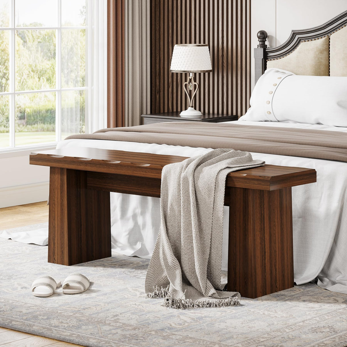 Tribesigns Wooden Entryway Bench, 47-Inch Wood Dining Table Bench with Sturdy Frame for Dining Room Bedroom Living Room Hallway Kitchen, Easy Assembly (Walnut) Tribesigns