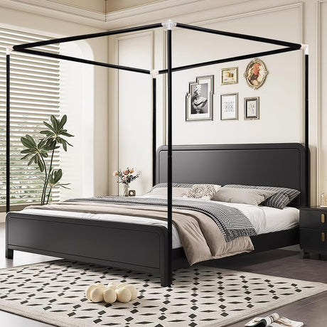 Stainless Steel Canopy Bed Frame King Size, Sturdy Post Poles Thicken King Size Canopy Frame for Metal Bed Wood Bed Bedroom Decor, Black Jondow