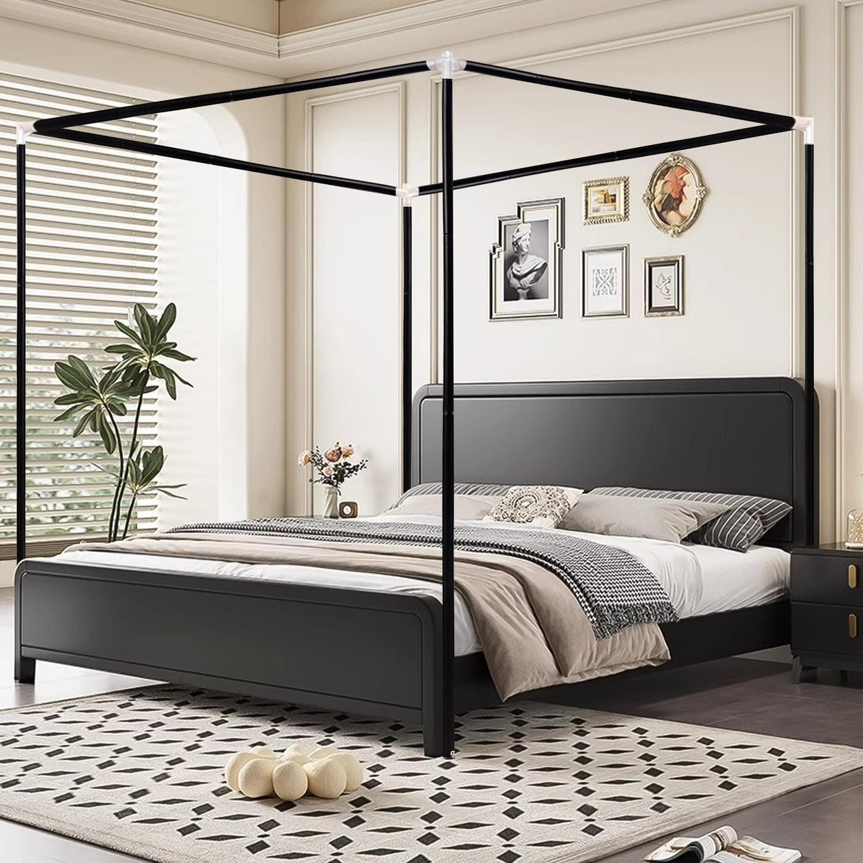 Stainless Steel Canopy Bed Frame Twin Size, Sturdy Post Poles Thicken Twin Size Canopy Frame for Metal Bed Wood Bed Bedroom Decor, Black Jondow