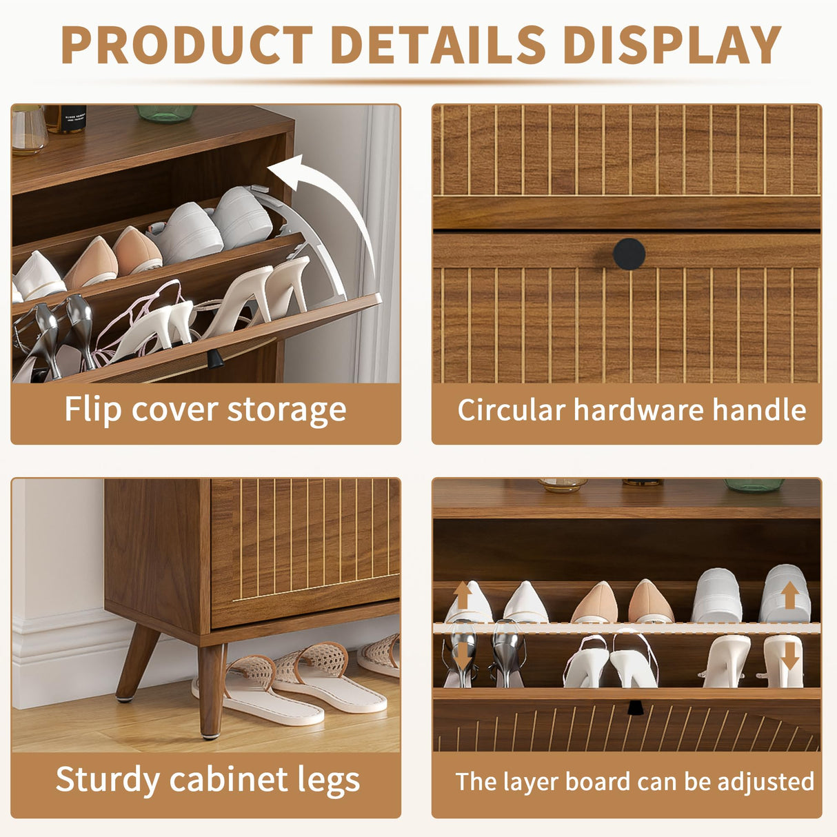 Fsbecl Shoe Storage Cabinet for Entryway with 4 Flip Drawers, Narrow Shoe Organizer with Fluted Panel, Freestanding Wood Hidden Shoe Cabinet for Foyer, Hallway (Walnut, 4 Flip Drawers) Fsbecl