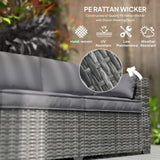 Outsunny 3 Seater Wicker Sofa with Side Tray Tables, Rattan Outdoor Patio Sofa with 6" Thick Back Cushions, Outdoor Wicker Couch with Deep Seating, Pillows for Porch, Garden, Backyard, Mixed Gray Outsunny