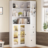 IRONCK Corner Bookshelf with LED Lights, 78.7" Tall Corner Bookshelves with 2 Drawers & Transparent Doors, 7 Tiers L-Shaped Bookcase with Open Shelves and Pegboards for Living Room, Home Office, White IRONCK