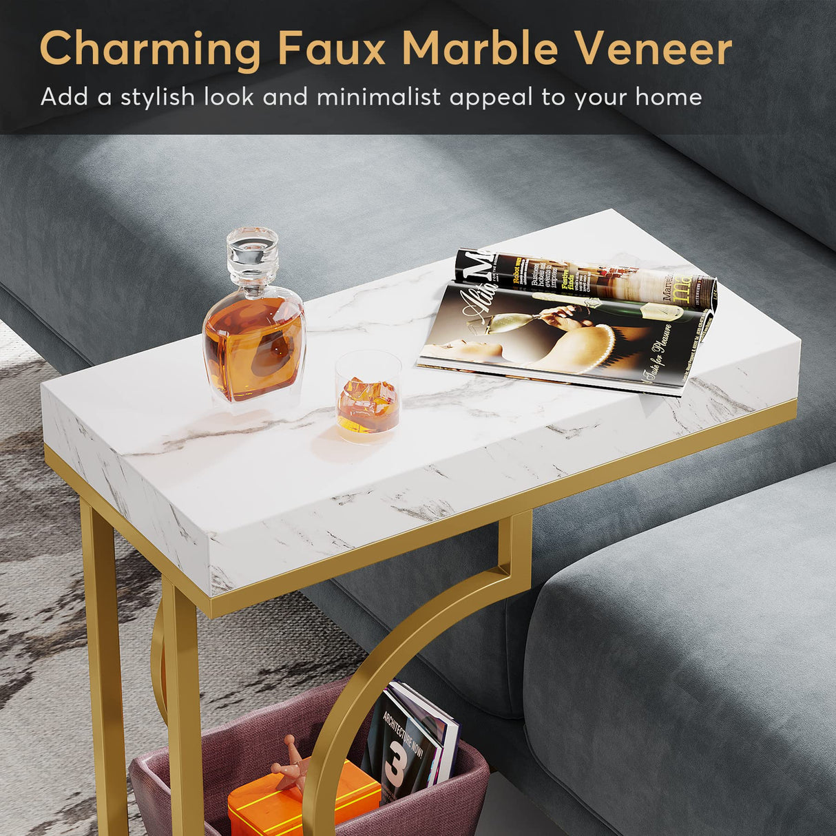 Tribesigns Narrow Side Table White Gold Side Table Set of 2 C Shaped End Table Modern Bedside Table Small Side Table for Couch, Sofa Table with Metal Frame for Living Room (2) Tribesigns