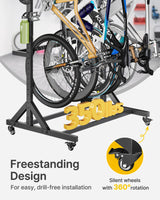monTEK Freestanding Bike Storage Rack for 5 Bikes, Heavy Duty 350LBS Vertical Bike Stand with 5 Bike Hooks & 6 Helmet Hooks, Indoor and Outdoor Bike Storage Rack with Locking Casters monTEK