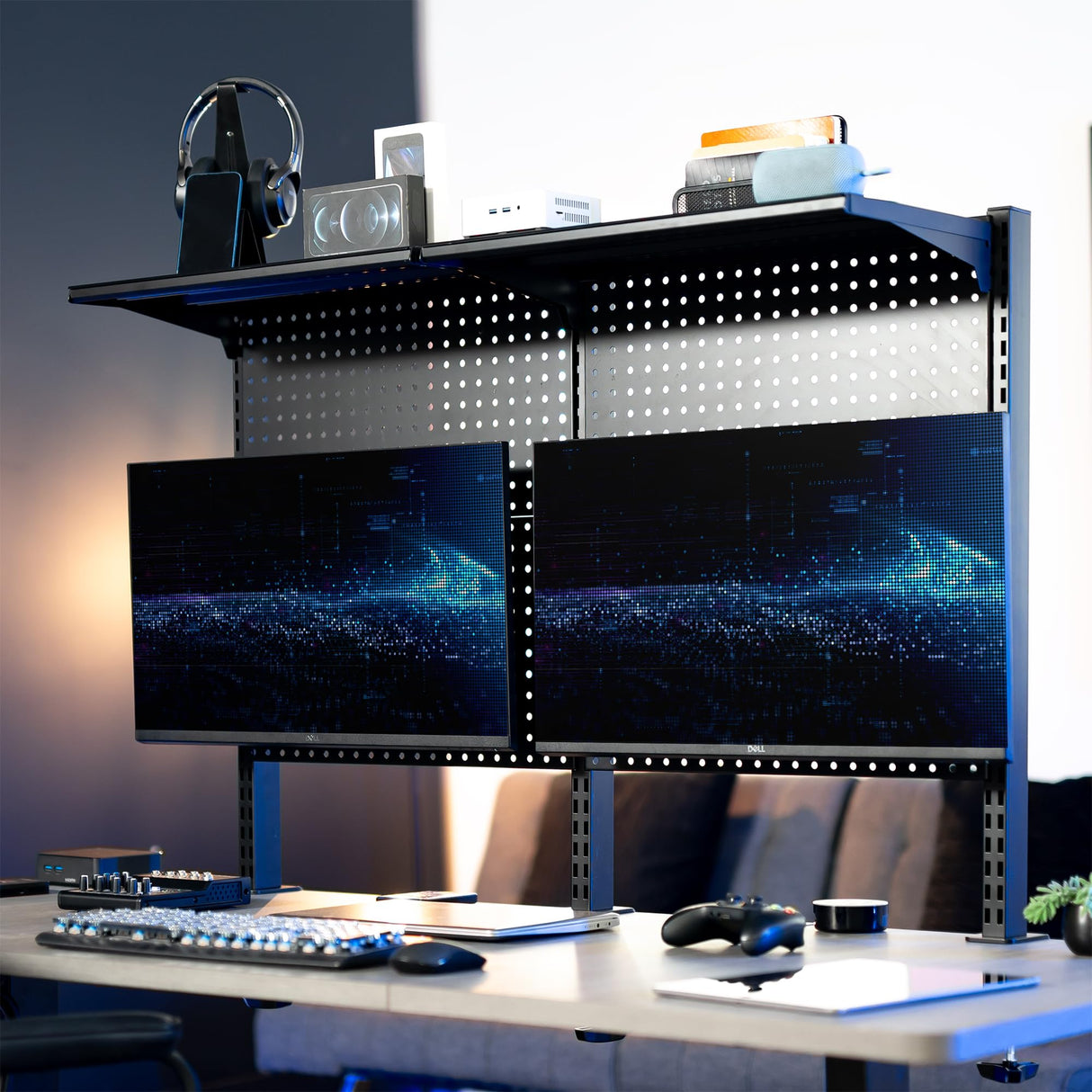 VIVO Steel Triple Clamp 47 x 31 inch Desk Pegboard System with 2 Monitor Mounts and Storage Shelf, Fits up to 32 inch Screens, Office Accessory Organizer, Black, PP-DK48SB VIVO