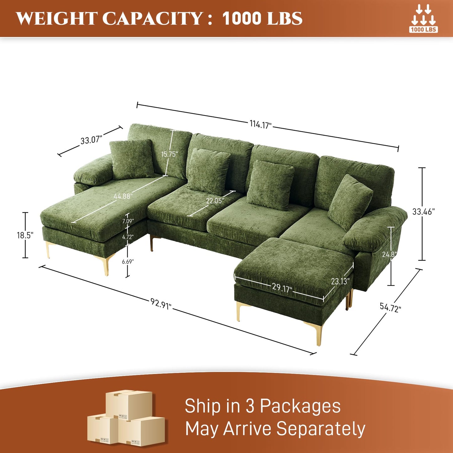 OUYESSIR U-Shaped Sectional Sofa Couch, 4 Seat Sofa Set for Living Room, Convertible L-Shaped Couch Set with Chaise Lounge, Ottoman and Pillows,114 inches (Olive Green)