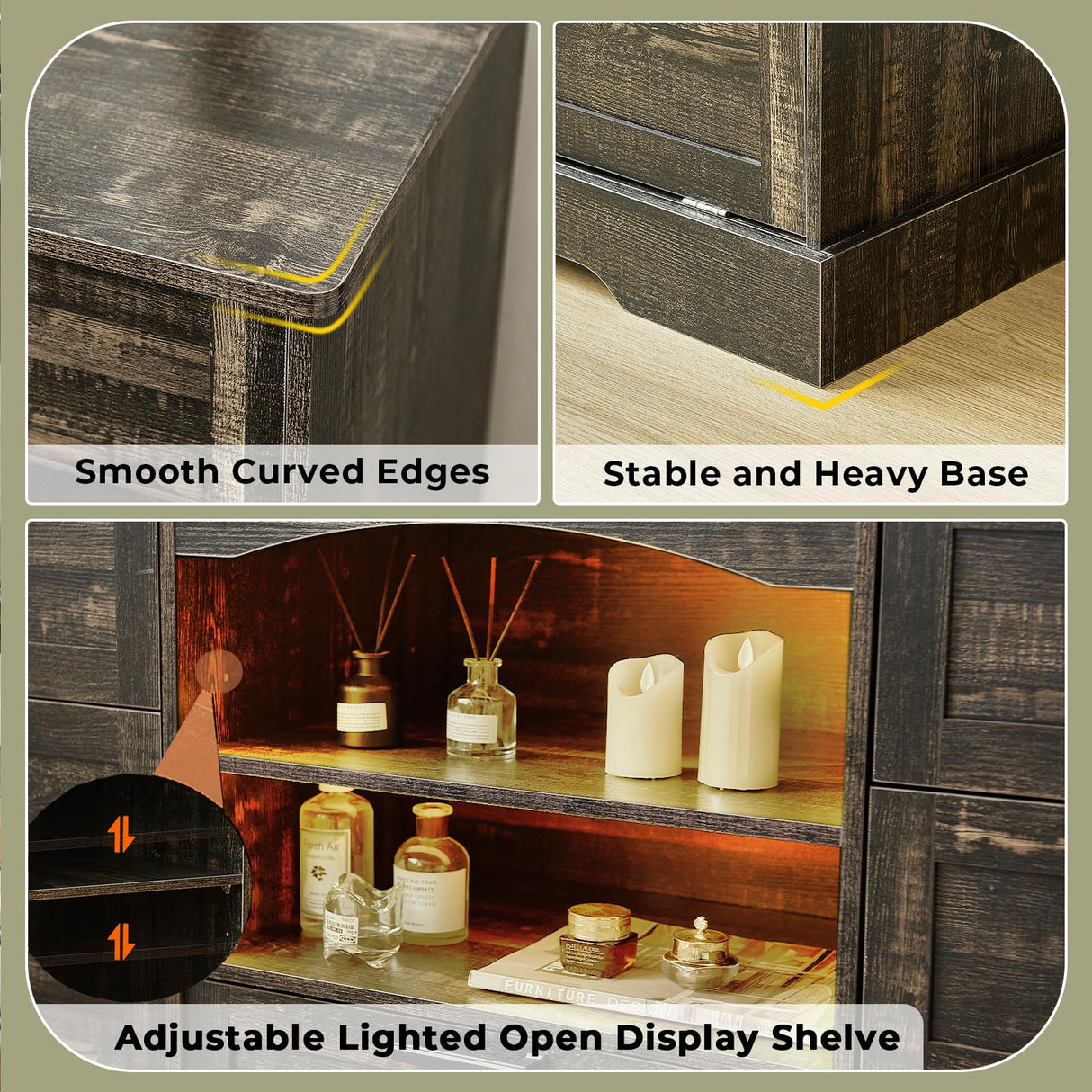 JanflyHome Wood Rustic Chest of Drawers, 63" Wide Vintage 7 Dresser with Outlet and Lights, Farmhouse Drawers Dresser with 4 Drawers & 3 Cabinets for Living Room, Dark Rustic Oak JanflyHome