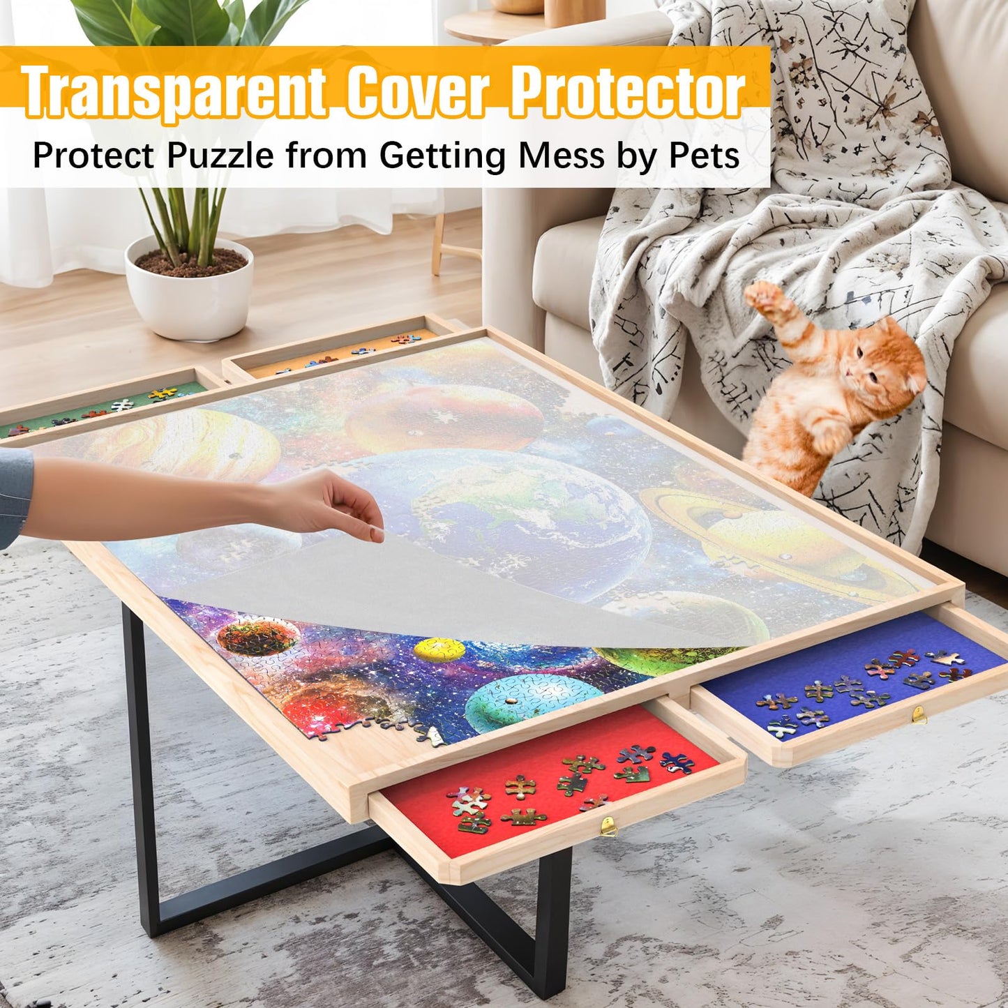 360-Degree Wheels Puzzle Board with Drawers and Cover 34'' x 26'' 1500 Piece Rotatable Puzzle Table Portable Wooden Jigsaw Puzzle Boards Lightweight Design