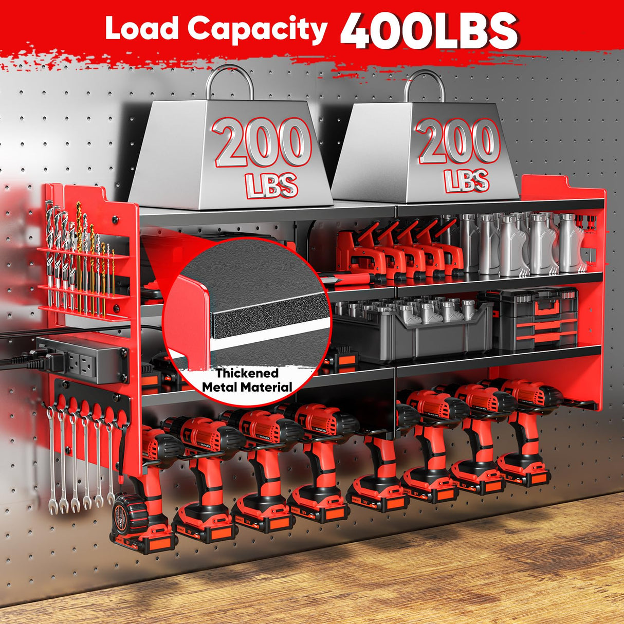 POKIPO Large Power Tool Organizer Wall Mount with Charging Station,4 Layer Heavy Duty Metal Tool Storage Shelf Loads 600lbs,Battery Utility Rack With 4 Outlet Power Strip with 8 Cordless Drill Holder POKIPO