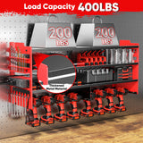 POKIPO Large Power Tool Organizer Wall Mount with Charging Station,4 Layer Heavy Duty Metal Tool Storage Shelf Loads 600lbs,Battery Utility Rack With 4 Outlet Power Strip with 8 Cordless Drill Holder POKIPO
