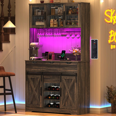 72" Coffee Bar Cabinet w/Power Outlet,LED Lights,Farmhouse Large Kitchen Hutch w/Sliding Barn Door,Tall Bar Cabinets w/4 Drawers & Wine Glass Rack,Pantry China Cabinet for Home,Dark Rustic Oak chartustriable