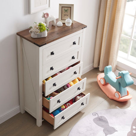 T4TREAM Farmhouse 5 Drawers Dresser Chests for Bedroom, Wood Rustic Tall Chest of Drawers, Dressers Organizer for Bedroom, Living Room, Hallway, Antique White T4TREAM