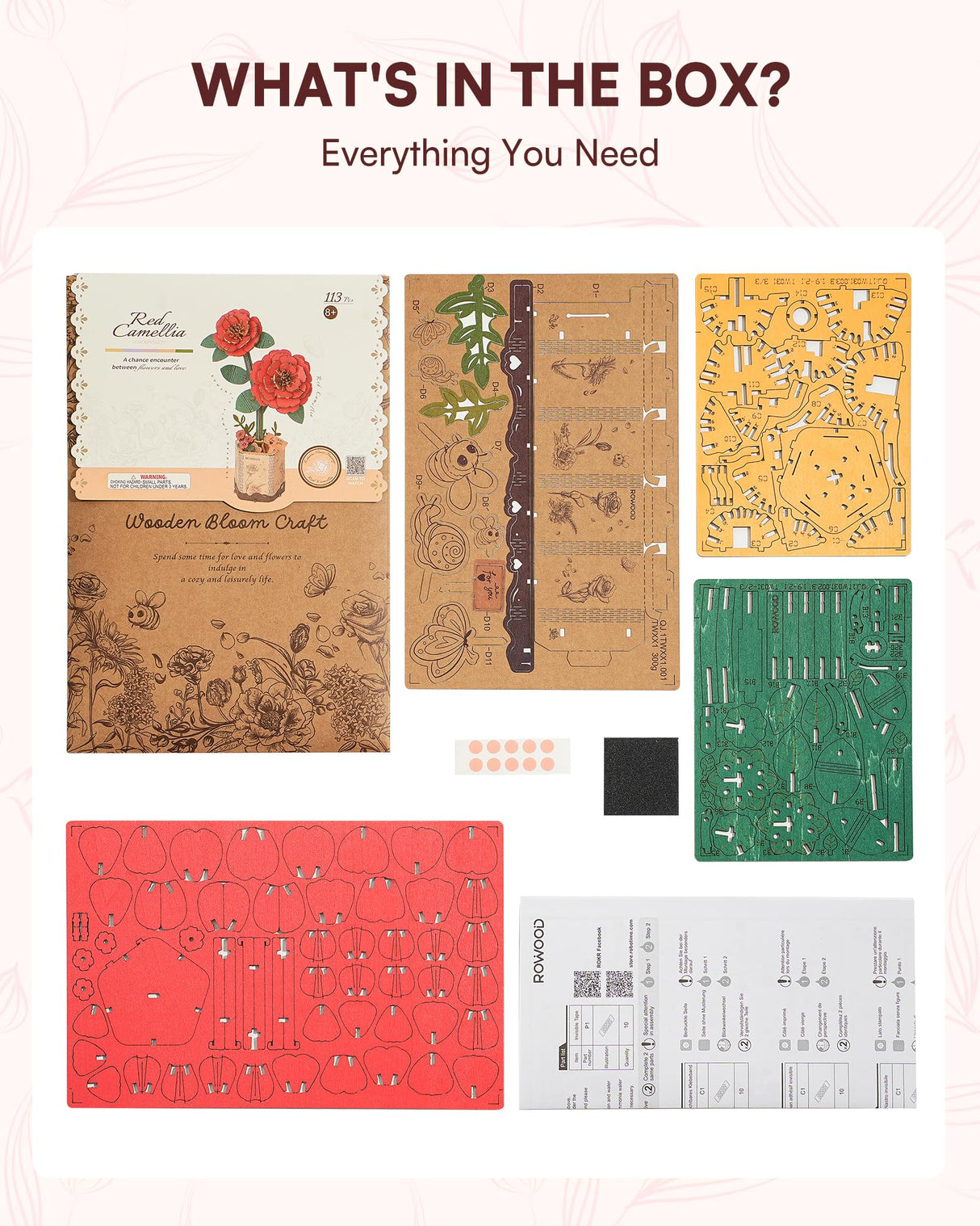 Wowood 3D Flower Wooden Puzzles for Adults-Red Camellia, DIY Wooden Flowers Model Kit Building Set Crafts for Adults to Build, Botanical Collection/Ideal Creative Gift Ideas/Housewarming (113PCS) Wowood