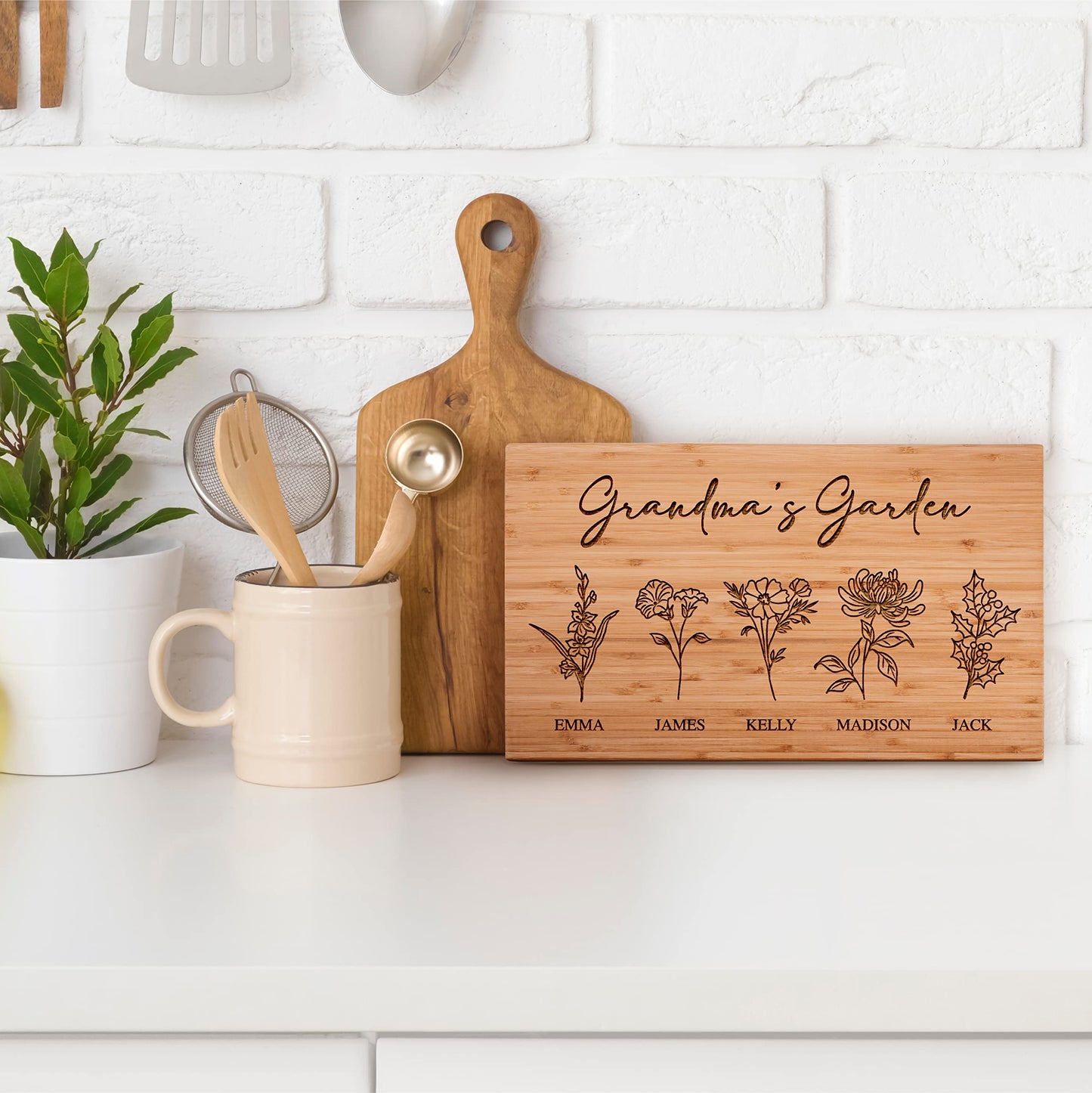 GRANDMA'S GARDEN, Personalized Cutting Board with Birth Flower Design, 9X6", Bamboo, Mothers Day Gifts for Grandma, Custom Engraved Gifts for Mom, Grandma - Grandma Gifts Ideas - 7 Names - WoodArtSupply