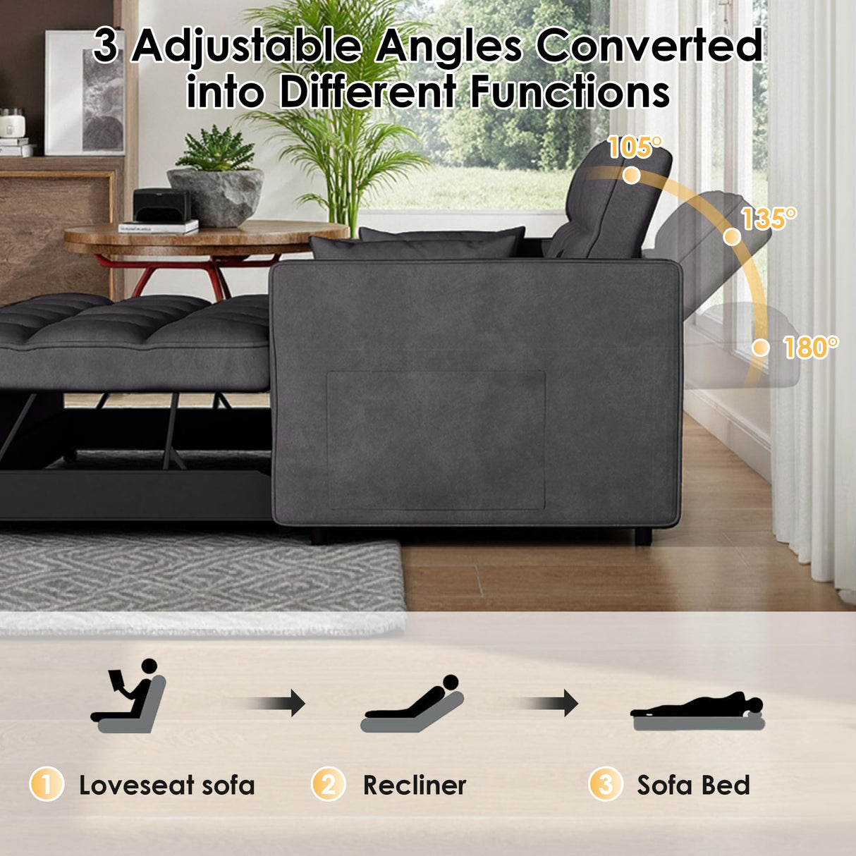 Dreamzie 3 in 1 Convertible Sleeper Sofa Bed, Pull Out Couch for Living Room with Side Pocket, Loveseat Sleeper with Adjustable Backrest (Fabric, Dark Grey) Dreamzie