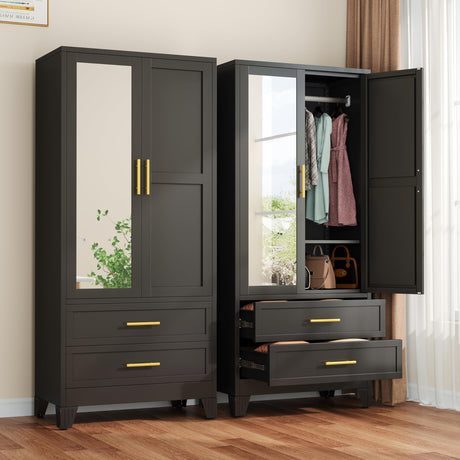 winiowa Metal Armoire Wardrobe Closet with 2 Drawers, 71" Wardrobe Cabinet with Adjustable Shelves and Hanging Rod, Clothing Storage Cabinet Closet with Mirror for Bedroom-Black winiowa