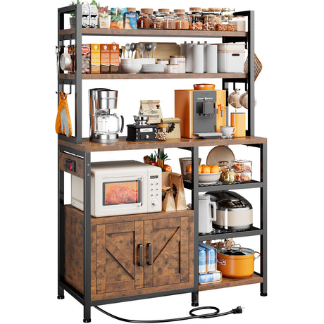 EnHomee Bakers Rack with Power Outlet, Coffee Bar with Storage Cabinet, 6 Tier Microwave Stand, Kitchen Storage Shelf with Side Hooks, Utility Shelf for Kitchen, Rustic Brown EnHomee