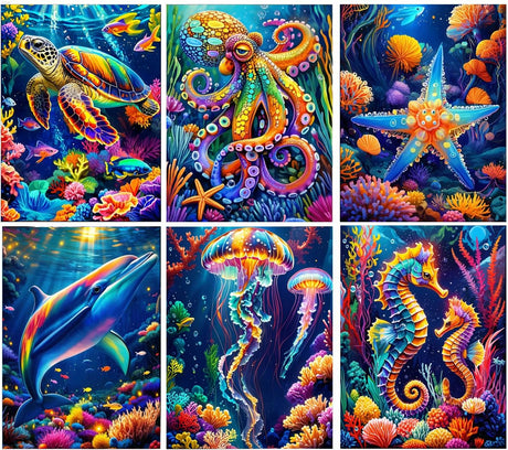 6 Pack Sea Animals Diamond Art Kits for Adults,5D DIY Diamond Painting Kits for Adults Beginners,Colorful Marine Animals Diamond Dots Gem Arts Crafts for Gift and Home Wall Decor 12X16 Inch Apcufir