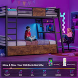 HAUOMS Bunk Bed with Desk, Twin Over Twin Metal Bunk Beds with Power Outlets, RGB LED Lights, 2 Larger Storage Drawers, Bed with Safety Guardrail & Ladders, No Box Spring Needed, Rustic Brown HAUOMS