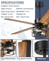 YOUKAIN Ceiling Fans With Lights, 48 Inch Farmhouse Ceiling Fans with Lights and Remote, 5-Reversible Blades with Matte Black/Wooden Finish, 48-YJ632-BKW YOUKAIN