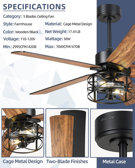 YOUKAIN Ceiling Fans With Lights, 48 Inch Farmhouse Ceiling Fans with Lights and Remote, 5-Reversible Blades with Matte Black/Wooden Finish, 48-YJ632-BKW YOUKAIN
