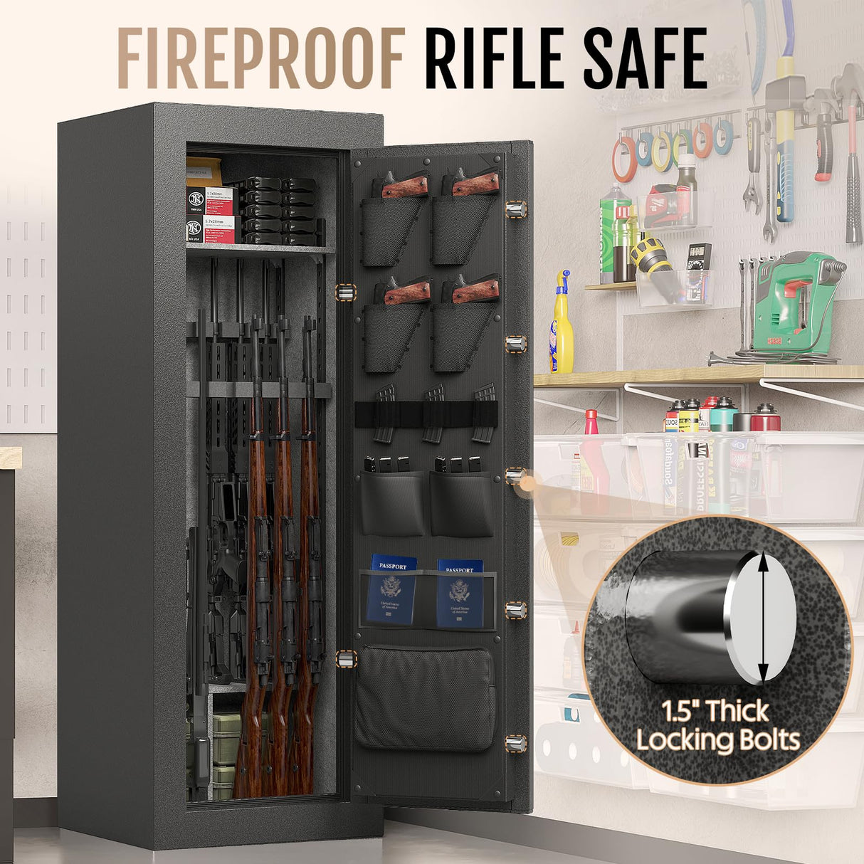 KAER Fireproof Gun Safe, 16-20 Rifle Safe 1400°F / 45 Minutes, Interior 360°Velvet Protection|5 Active Bolts & 2 Deadbolts For Fingerprint Lock, 90-180° Outward-Opening, Storage + Smooth Handle(Grey) KAER