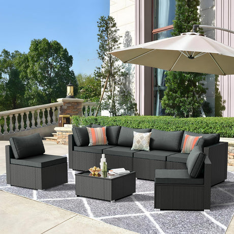 ELEGIBLISS 7 Pieces Patio Furniture Set - Outdoor Sectional Wicker Rattan Furniture with Cushion and Glass Table Patio Conversation Sets for Porch Poolside Backyard Outdoor Sofa Set Modular Sofa ELEGIBLISS