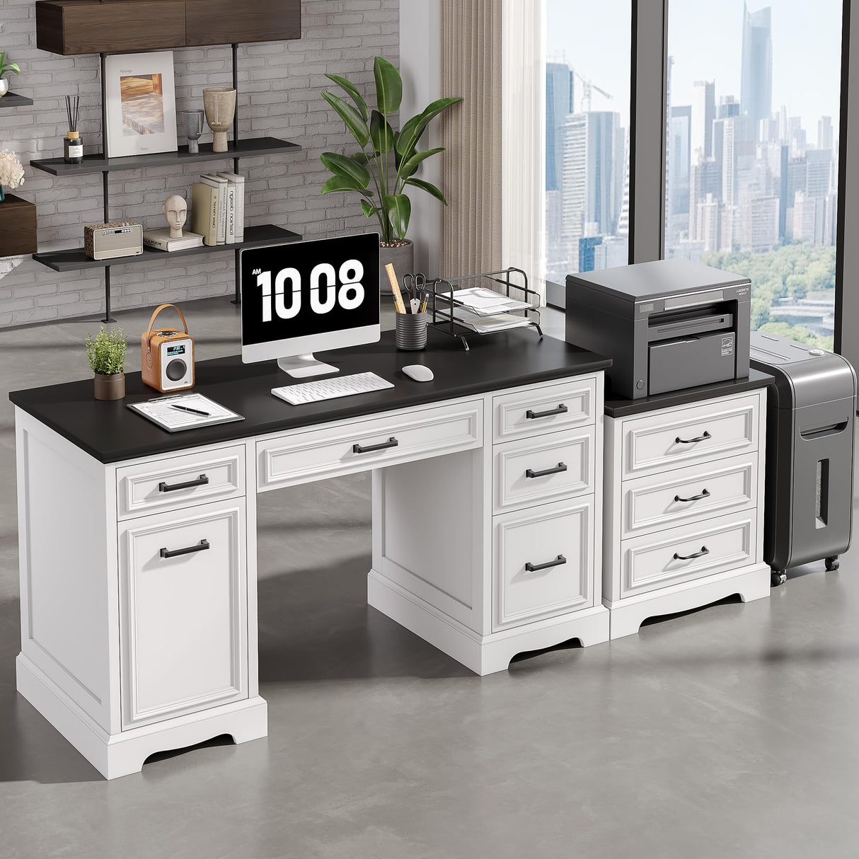 Fynar White Farmhouse Executive Desk with Drawers and Charging Station, 55.1" Wood Home Office Desk with Storage Cabinet,Morden Solid Computer Writing Desk for Study Work Table for Home Office (White) Fynar