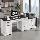 Fynar White Farmhouse Executive Desk with Drawers and Charging Station, 55.1" Wood Home Office Desk with Storage Cabinet,Morden Solid Computer Writing Desk for Study Work Table for Home Office (White) Fynar