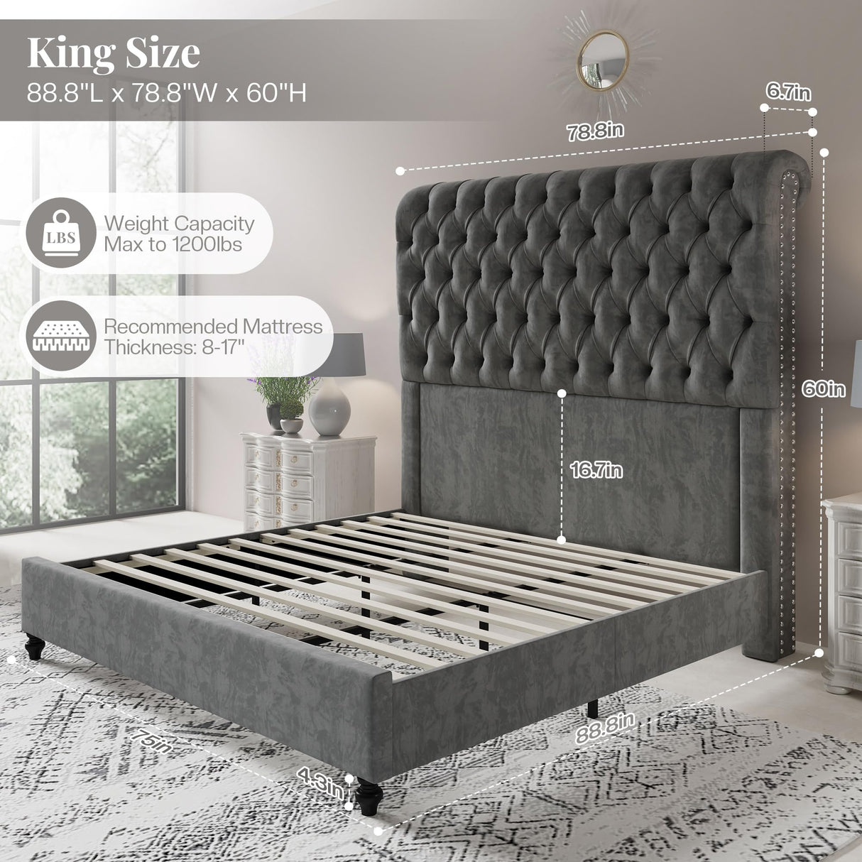 Jocisland King Size Platform Bed Frame with 60" Tall Sleigh Headboard, Luxury Velvet Upholstered Bed, Handcrafted Deep Button Tufted, Solid Wood Legs, Noise-Reducing, No Box Spring Needed,Light Gray Jocisland