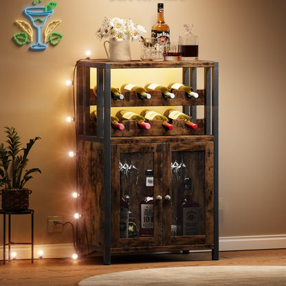 Homeiju Wine Bar Cabinet with Detachable Wine Rack & Glass Holder, Farmhouse Coffee Bar Cabinet with USB Port & Led Lights, Small Sideboard Buffet Cabinet for Liquor and Glasses(Rustic Brown)