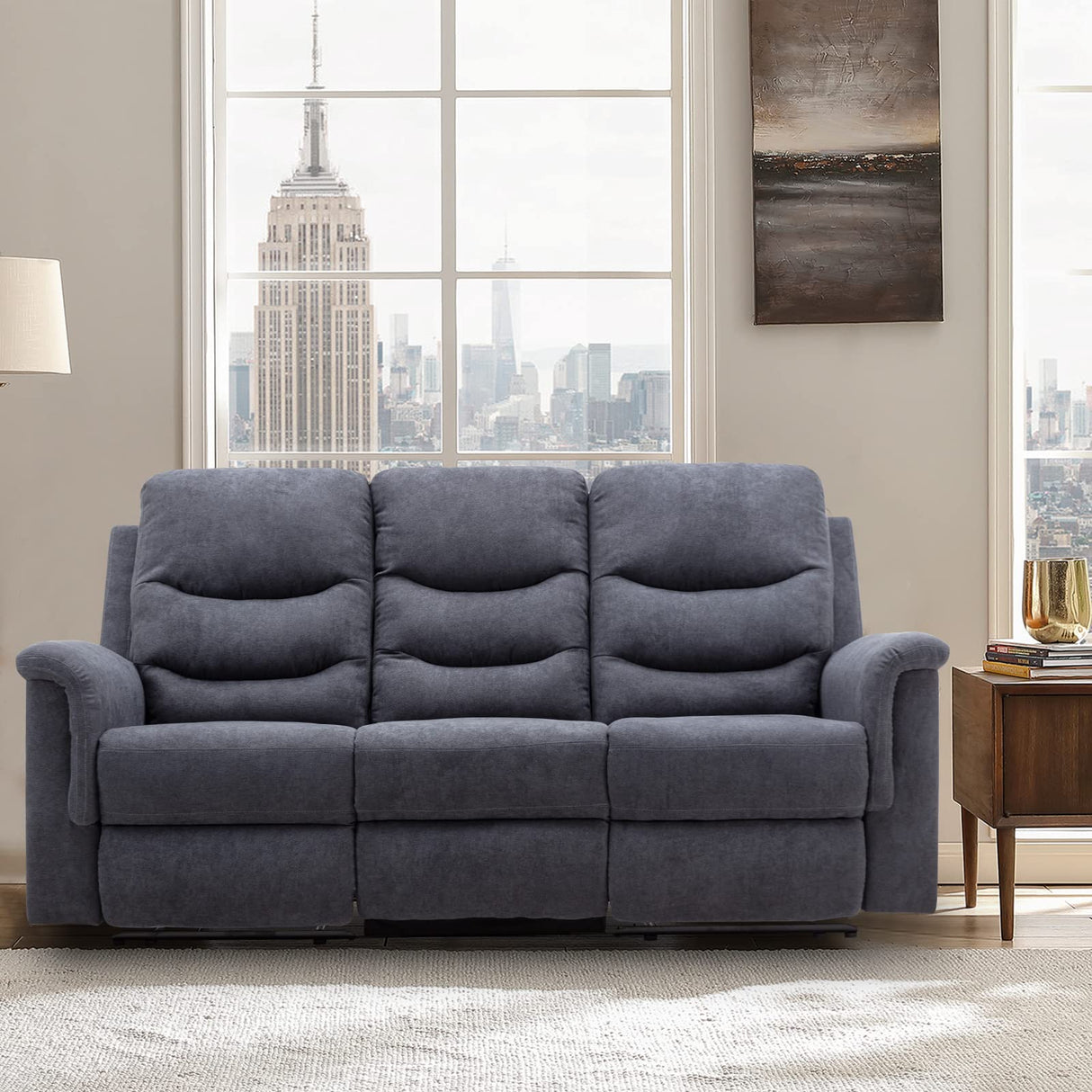 Consofa Reclining Sofa, Recliner Sofa 3 Seater with Flipped Middle Backrest, 2 Cup Holders, Manual Wall Hugger Couches for Living Room, Home Theater Seating Loveseat Recliner Sofa Consofa