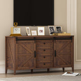 GlouMod Farmhouse 60" Dresser for Bedroom, Long Dresser with Sliding Barn Door, Wide Wood Chest of Drawers, 4 Drawers Dresser Tall TV Stand Buffet Cabinet, Redwood Rustic GlouMod