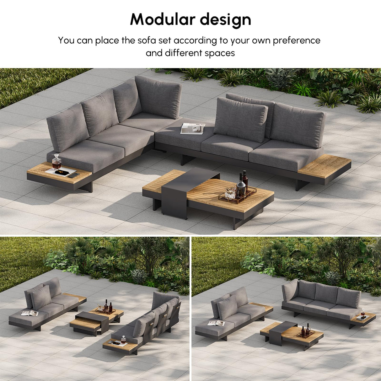 homary 6 Piece Aluminum & Teak Outdoor Sofa Set, Patio Conversation Sets Modular Outdoor Sofa with Fire Pit, Glass Wind Guard Ideal for Patios & Balconies homary