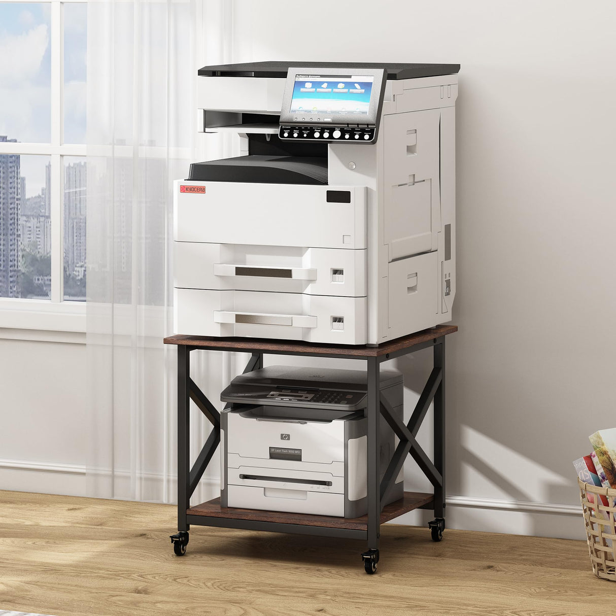 Fannova Large Printer Stand, 23.6 x 23.6 x 22.6 Inches Square Printer Table with Storage Shelf, 2 Tier Rolling Printer Cart with Industrial Wheels for Home Office - Rustic Brown Fannova