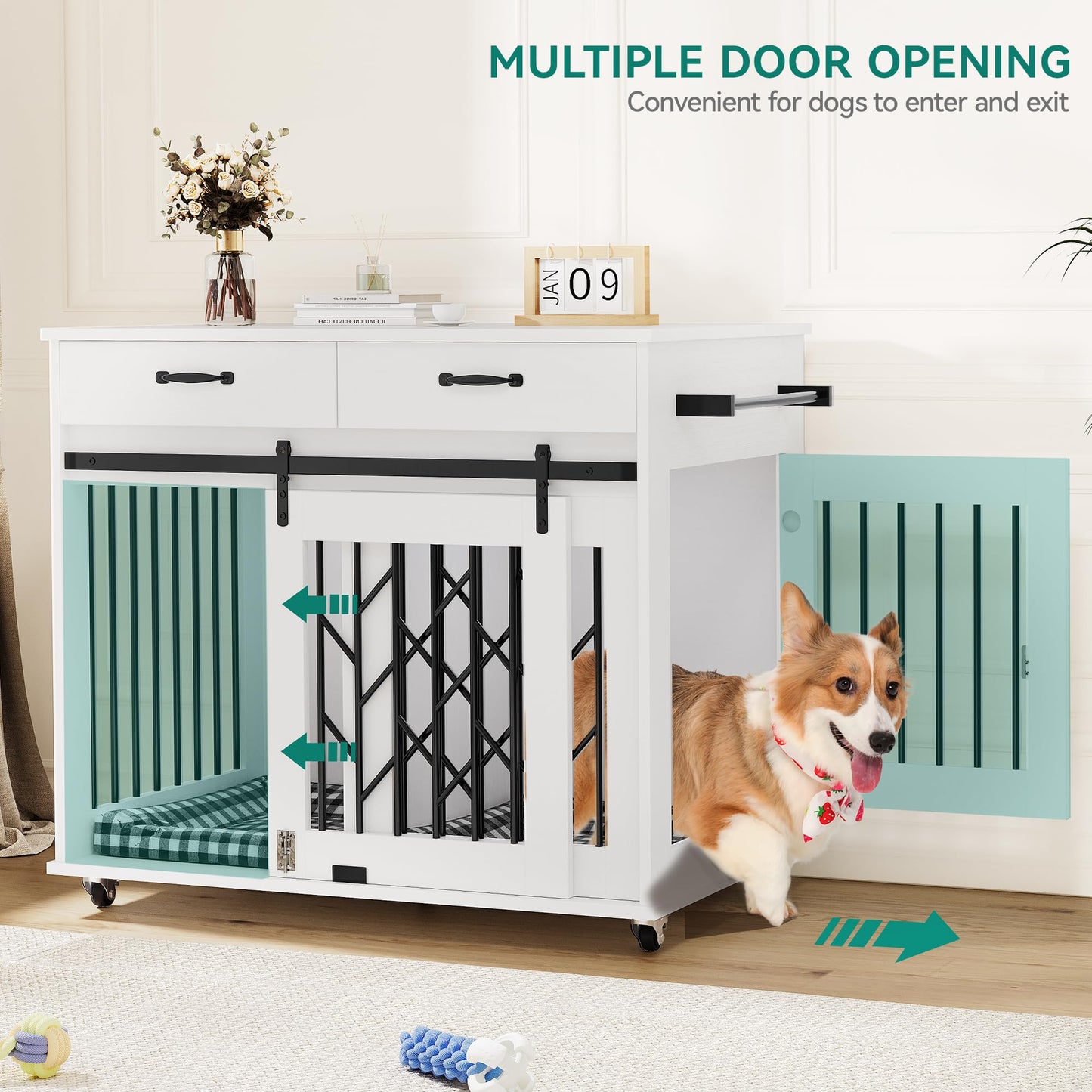 YITAHOME Dog Kennel Furniture for 2 Dogs, 39 inch Double Dog Crate with Storage Drawers, Indoor Wooden Dog House Heavy Duty for 2 Small Medium Dogs, White - WoodArtSupply