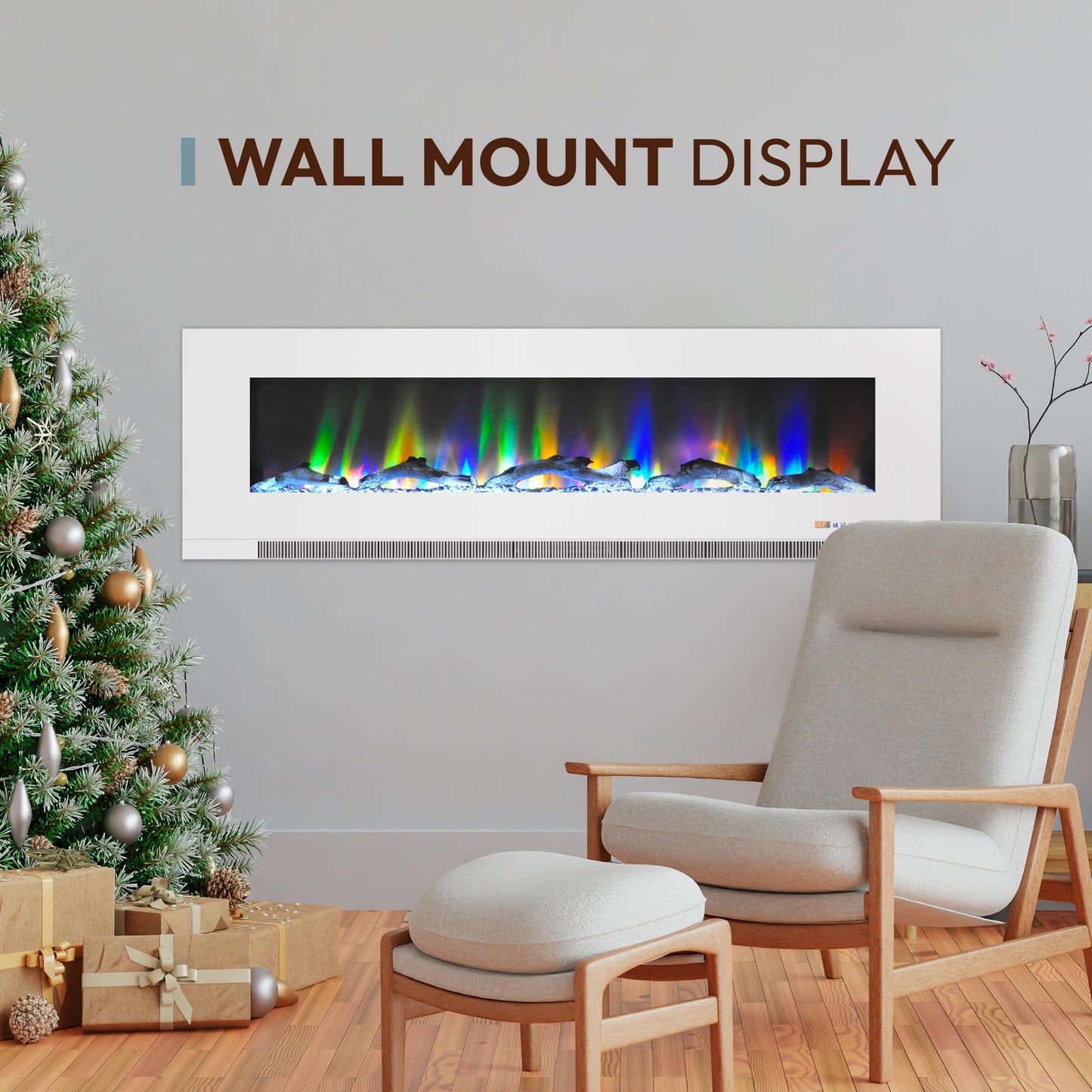 Cambridge 60 Inch Wall Mount Electric Fireplace Heater with Remote Control, Multicolor Flames, and Driftwood Log Display for Indoor Use in Living Room, Bedroom, Home Office, White