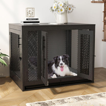 Furniture Style Dog Crate with Tray and Cushion, Double Doors Wooden Dog Kennel End Table, Decorative Pet Crate House Cage Indoor for Small Medium Dogs - WoodArtSupply