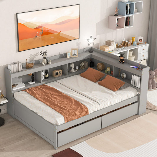 Harper & Bright Designs Multifunctional Full Daybed with L-Shaped Bookcases and Storage Drawers in Gray - WoodArtSupply