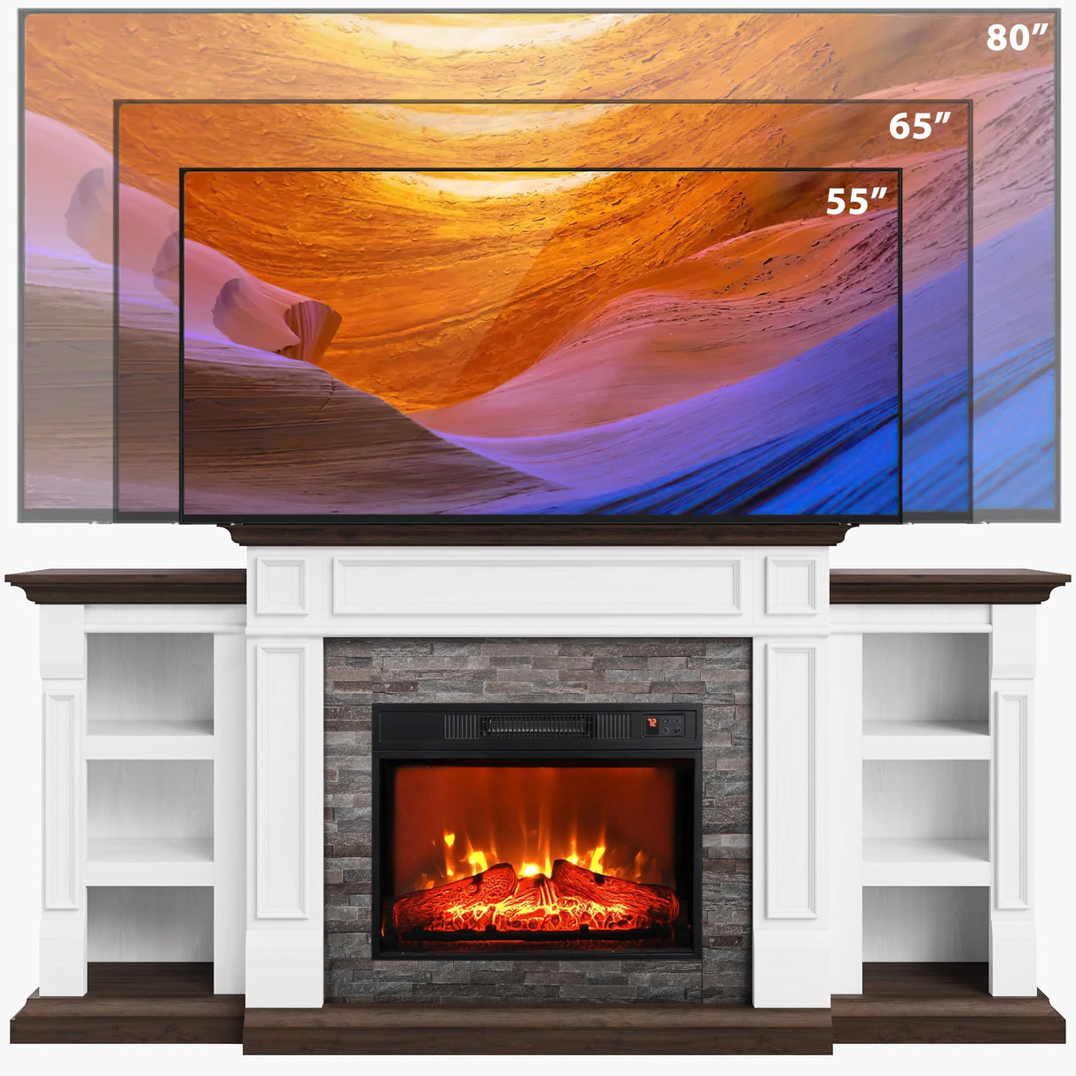 Naice 70" Electric Fireplace with Mantel and Cabinets, Fireplace TV Stand for Living Room Bedroom, Stacked Stone Surround and Remote Control 3D Realistic Flame Naice