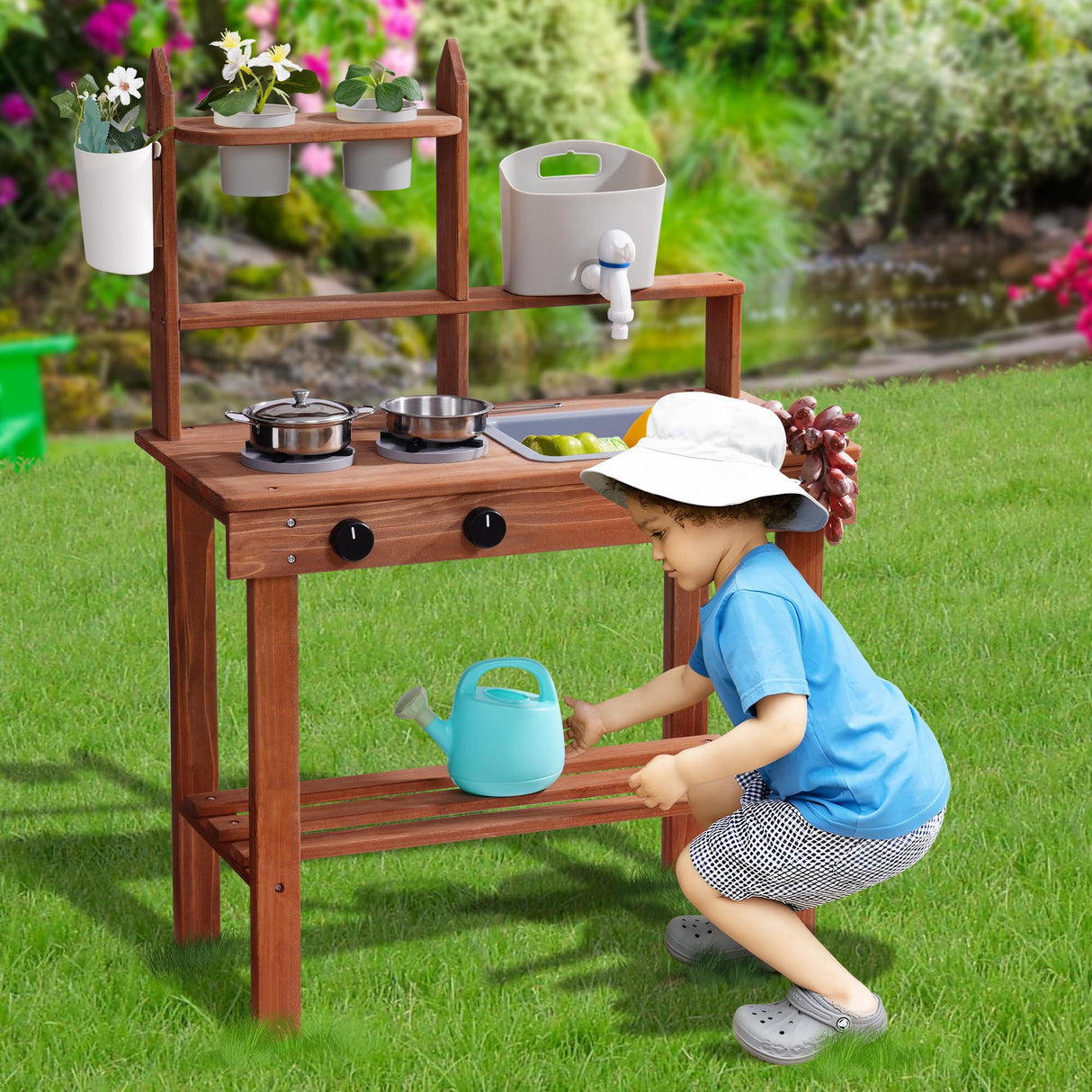 ROBUD Mud Kitchen for Kids Outdoor, Wooden Outdoor Play Kitchen, Kids Mud Kitchen with Removable Sink & Faucet, Monteeori Toys for Children Ages 3+ Years, WG404 ROBUD